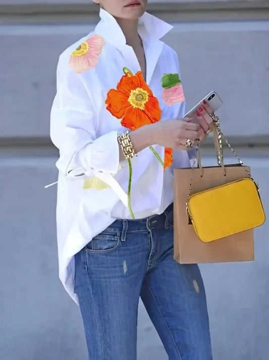 2025 New Spring Women's Fashion Floral Printed Lapel Blouse