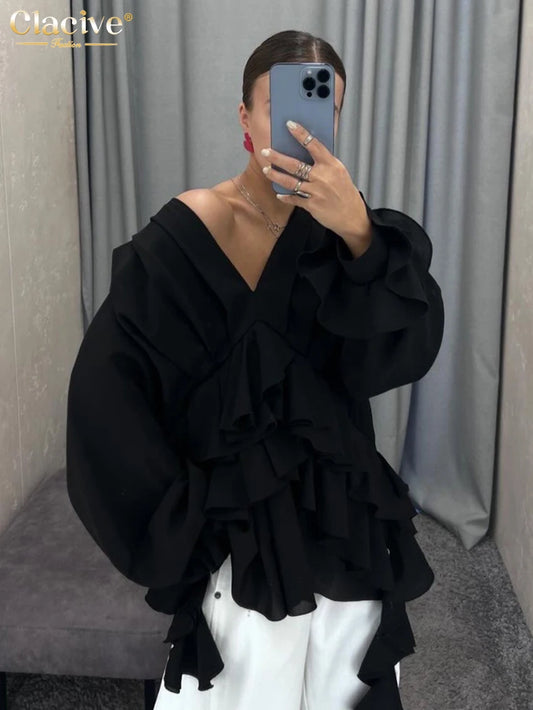 2025 Casual V-Neck Long SleeveElegant Classic Ruffle Solid Top ...