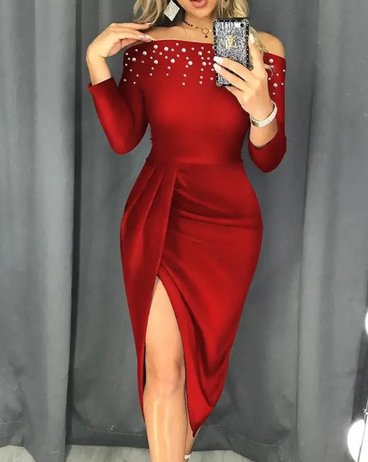 2025 Fashion Women's Clothes Off Shoulder Beaded Ruched Skinny Evening dress
