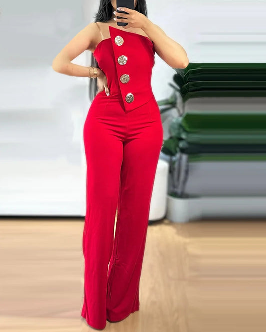 2025 Asymmetrical Bandeau Strapless Jumpsuit Metal Button