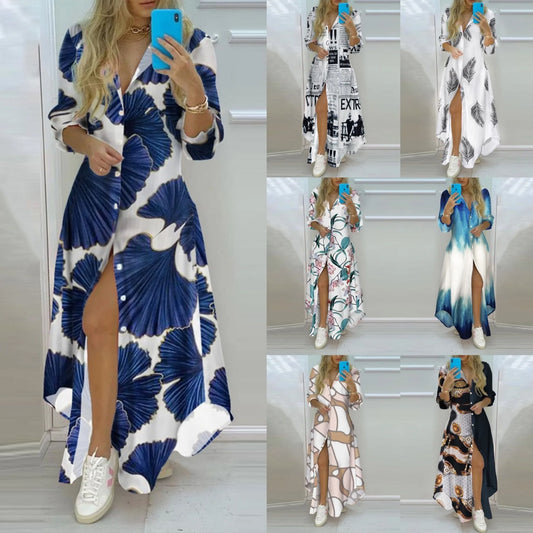 2025  women's digital print irregular hem mid-length blouse dress